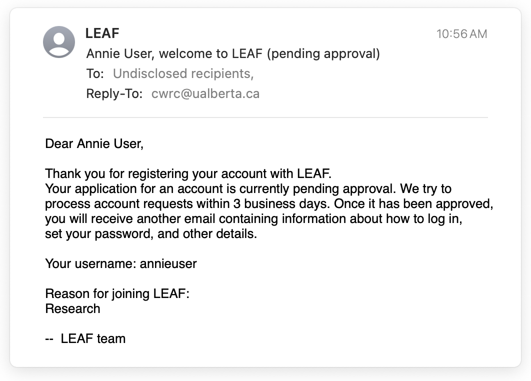 Snapshot of LEAF-VRE welcome pending approval email to a user in English taken on July 23, 2025